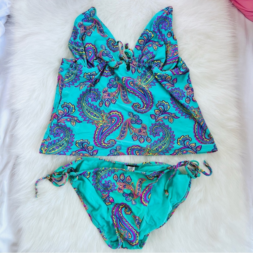 Y2K 2009 Old Navy Teal Paisley Tankini Swim Set - Teal and Purple Size 1 - Picture 2 of 14